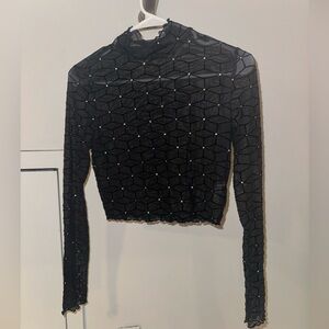 Mock Neck Glitter Dot Geo Mesh Top